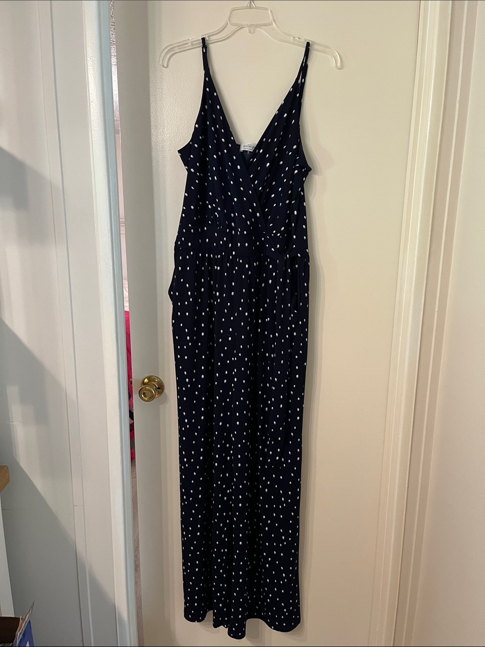 Kaileigh Navy and White Polka Dot Wrap-Front Jumpsuit